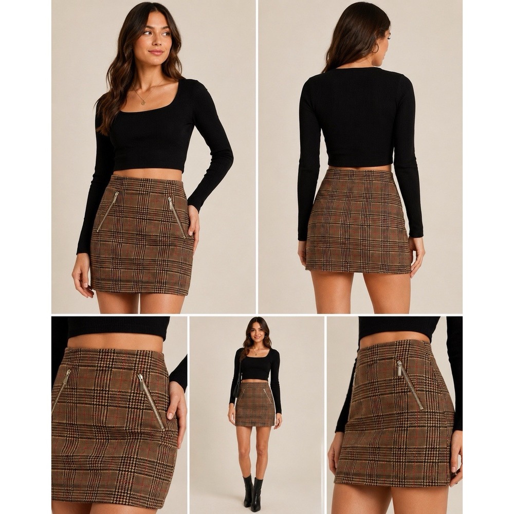 Chocolate USA Womens M Brown Plaid Mini Skirt Stretch Zip Pockets Y2K Preppy